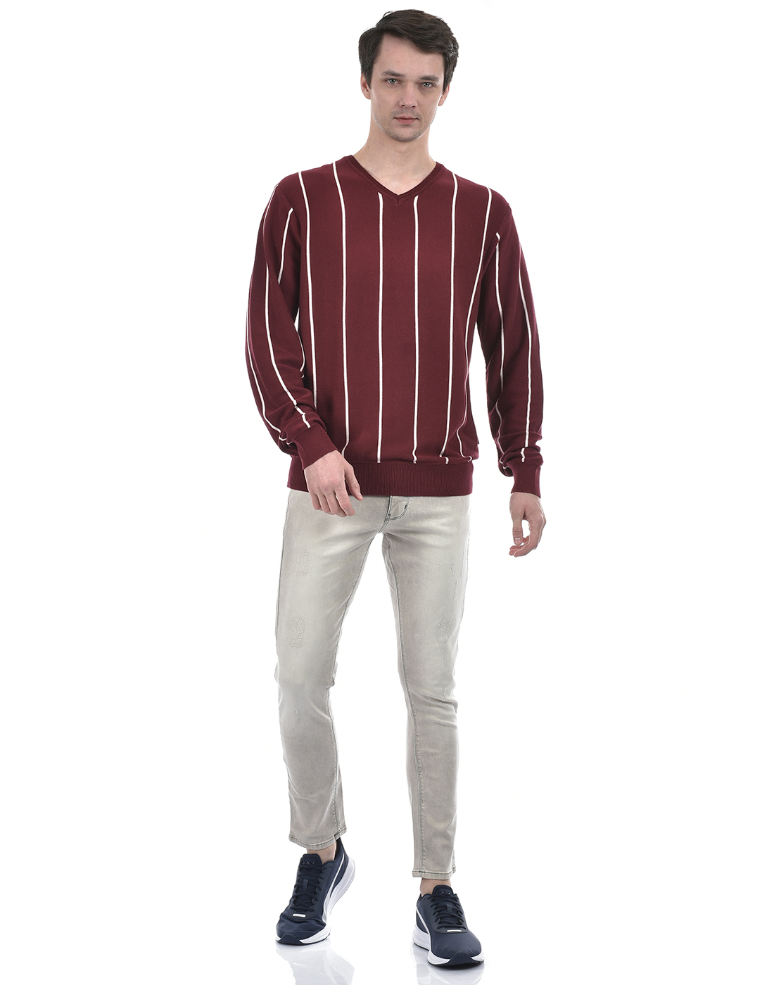 Numero Uno Men Striped Maroon Sweater